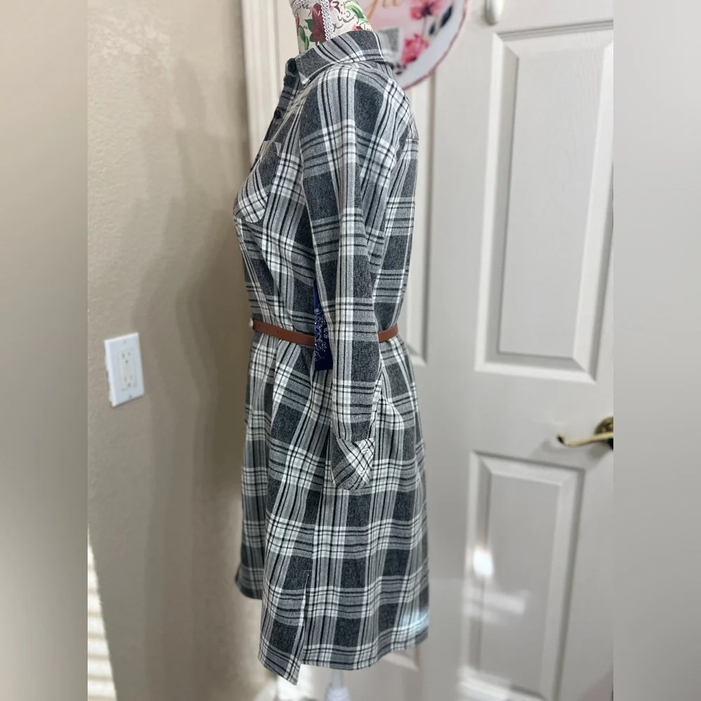 Plaid Button-Up Dress with Belt